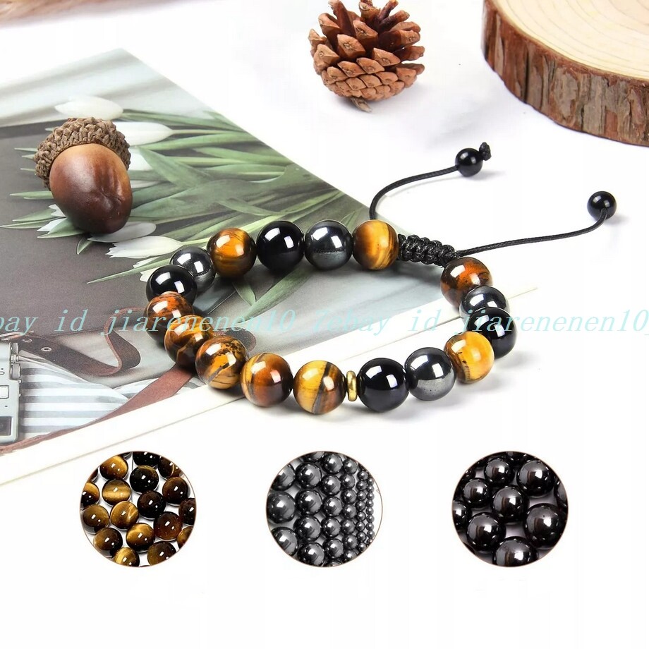 10mm Triple Protection Healing Tiger Eye Agate Hematite Bracelet Anxiety Relief