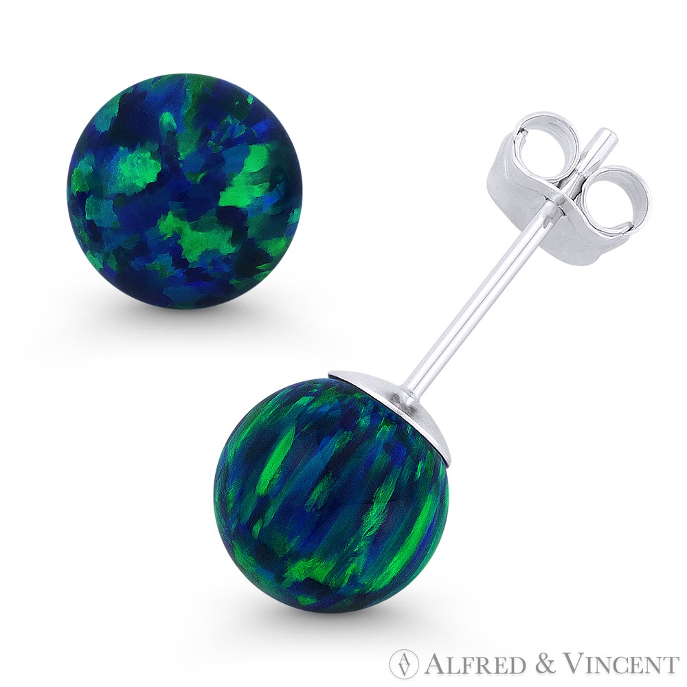 Fiery Peacock Blue Synthetic Opal Ball Pushback Stud Earrings in 14k White Gold