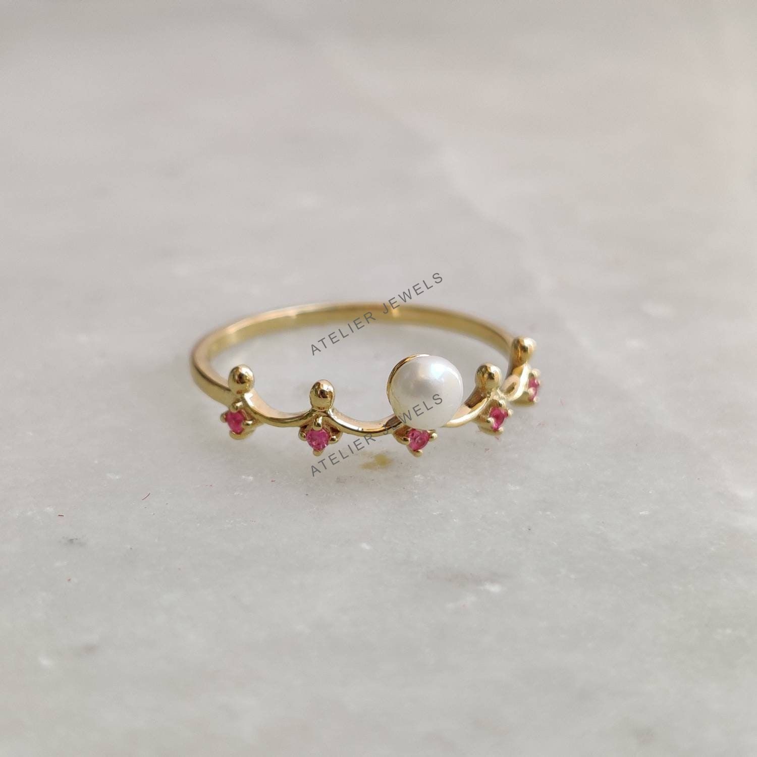 0.43 Ct Natural Pearl Ruby Band Ring 14K Gold Minimalist Birthstone Jewelry Gift