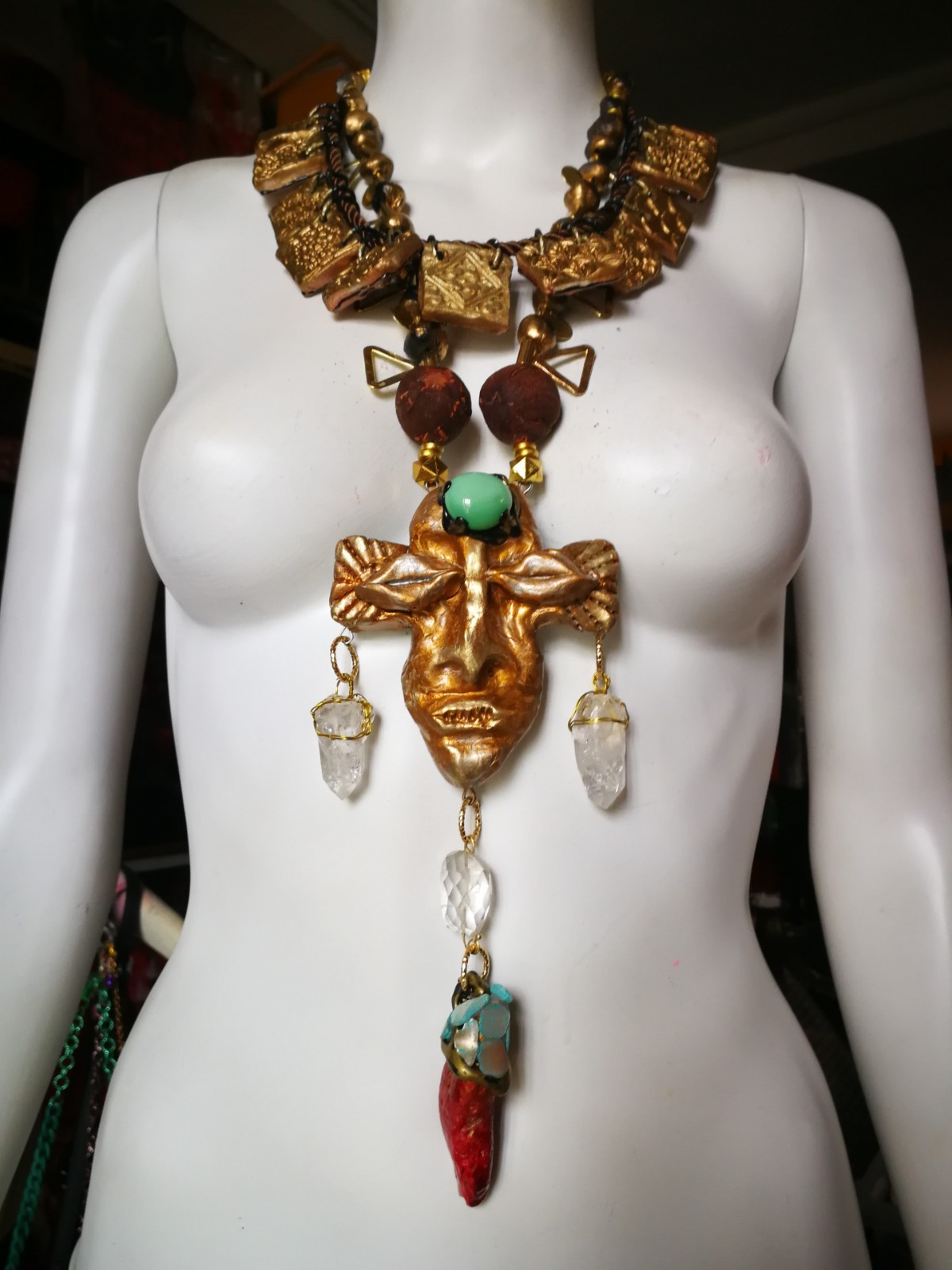 Statement Luxury Necklace Jewelry Pendant Tribal Mask Sculpture Horn & Gemstone