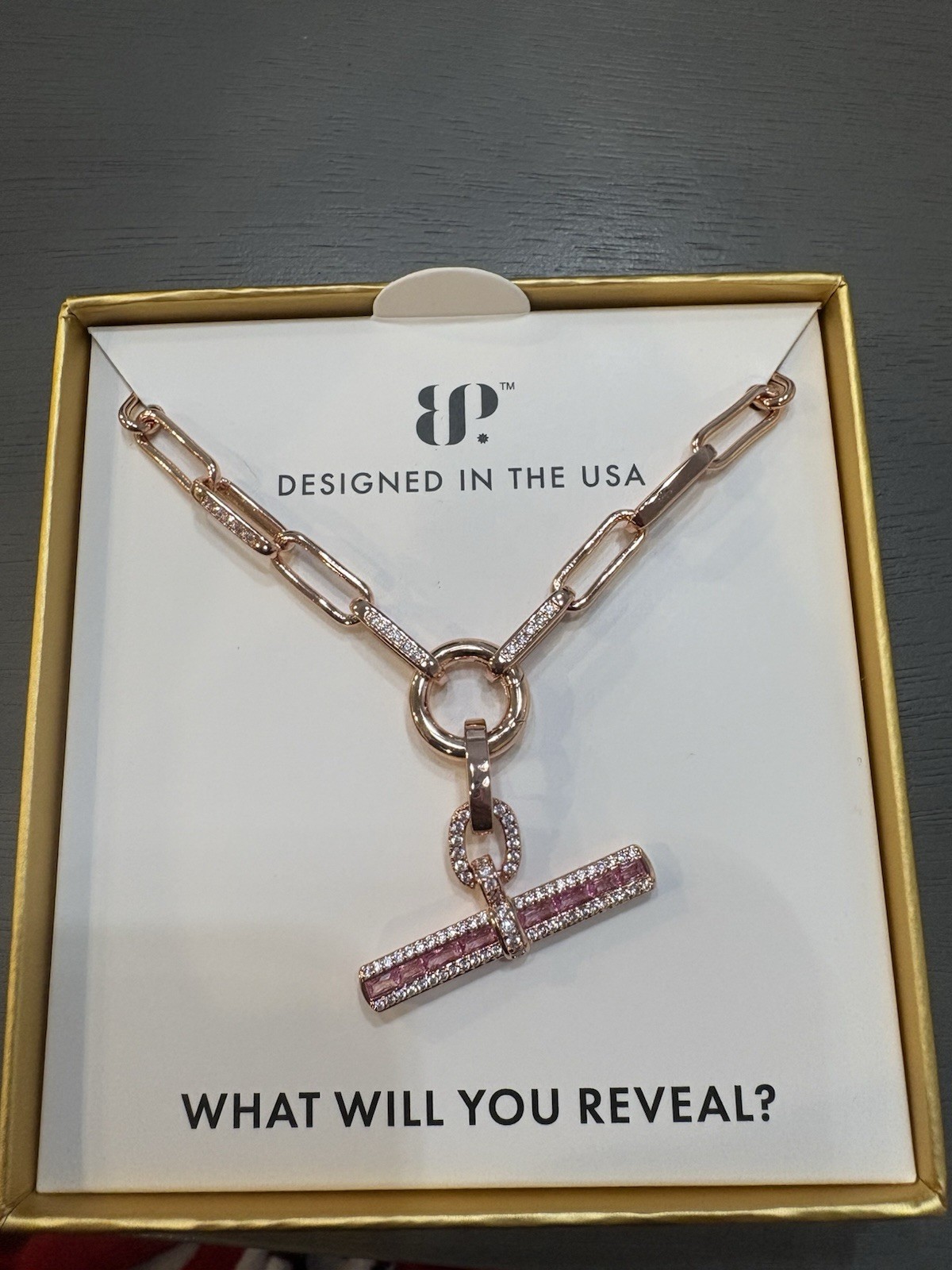 BP Rose Gold Plated Pink Corundum CZ Bar Pendant Necklace Adj 18-30″ NK64749