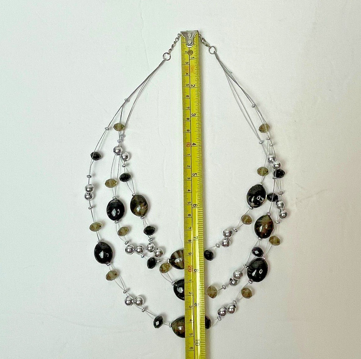 Triple Strand Layered Beaded Necklace Silver Black Green