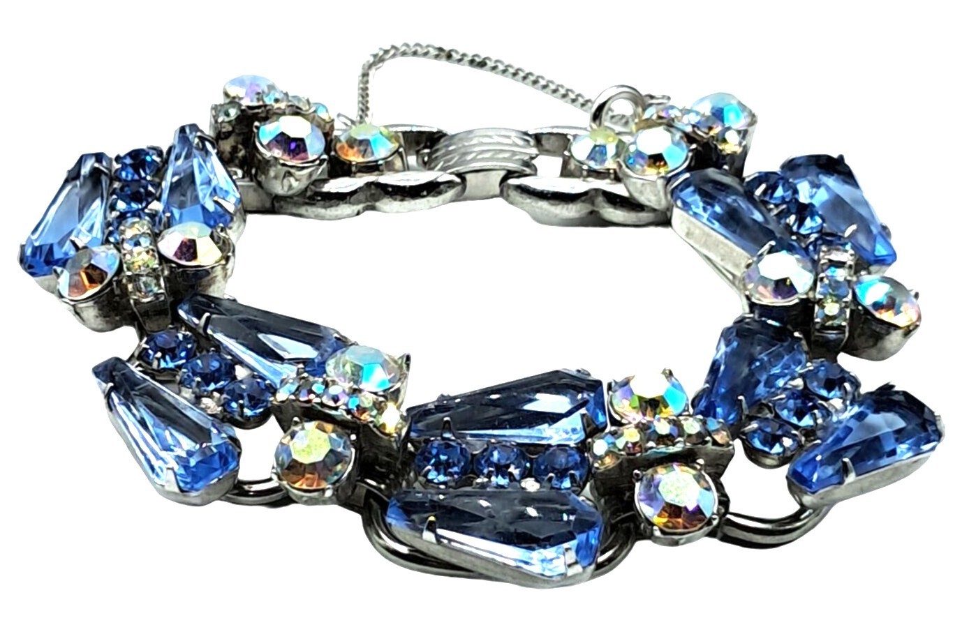 Juliana Pentagon Rhinestone Bracelet Blue Aurora Borealis Vintage Costume Jewelr