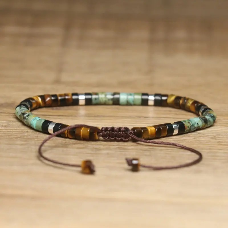 African Turquoise Tiger Eye Healing Gemstone Beaded Bracelet Adjustable Gift