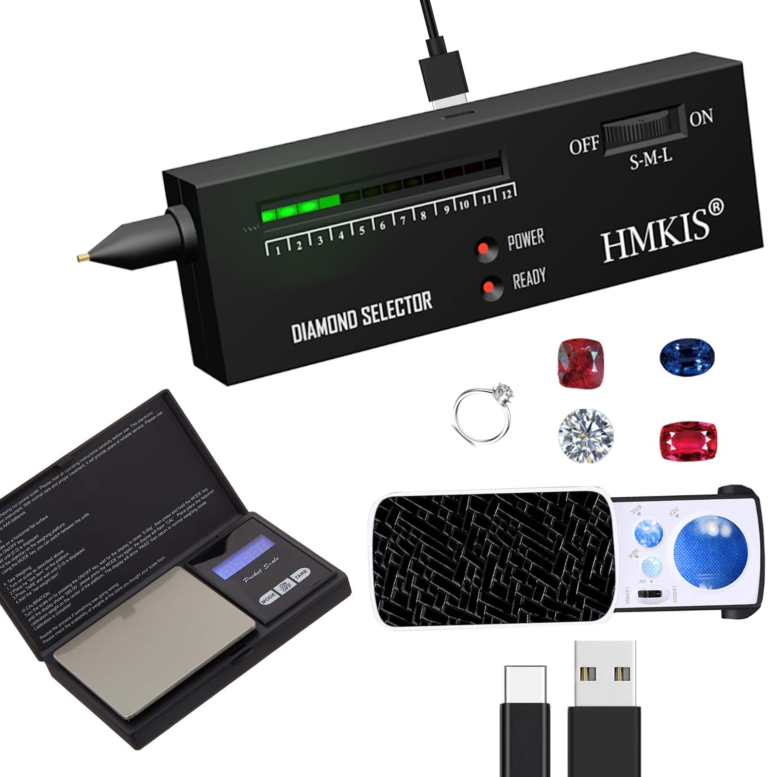 Diamond Tester + 200g/0.01g Jewelry Scale＋30X Mini LED Magnifying, Powered by…