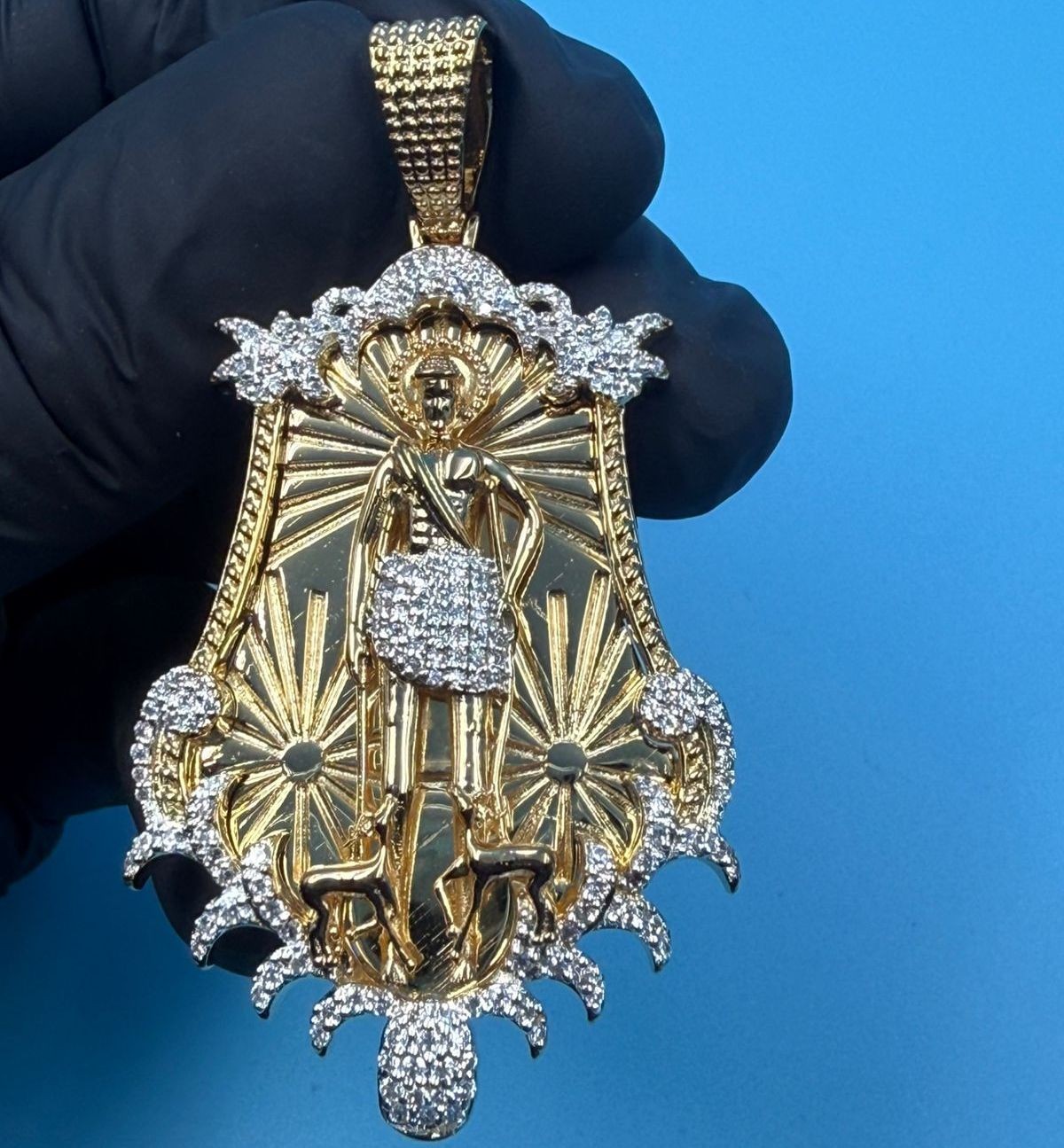 2Ct Round Cut Natural Moissanite Men’s Saint Lazarus Pendant Yellow Gold Plated