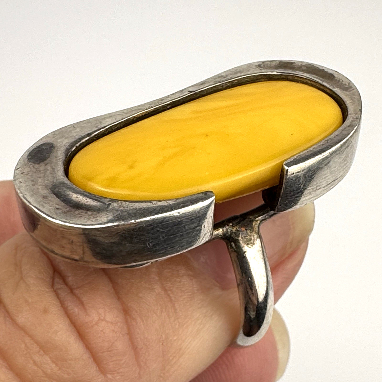 Vintage 12.8g Sterling Silver 925 Modernist Butterscotch Amber Large Ring Size 7