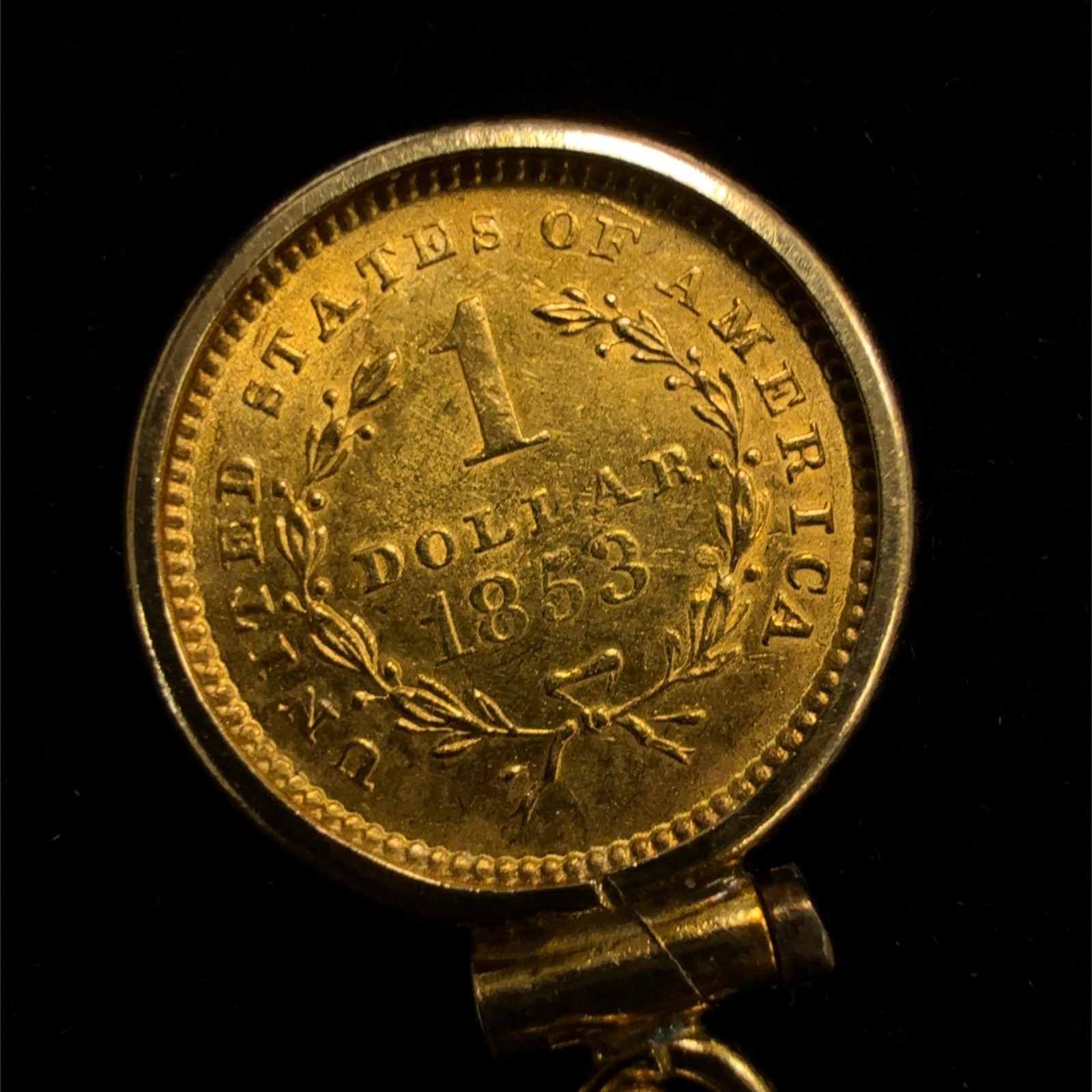 1853 US $1 Gold Liberty Head Coin in 14k Yellow Gold Coin Edge Bezel Pendant
