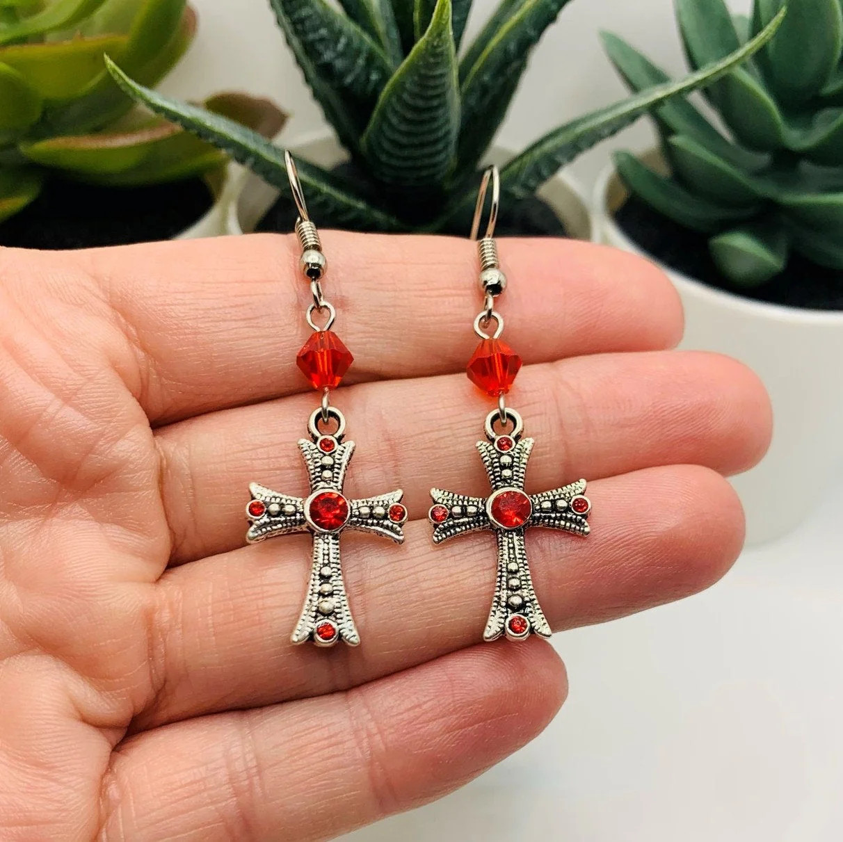 Red Rhinestone Gothic Cross Earrings – US Seller