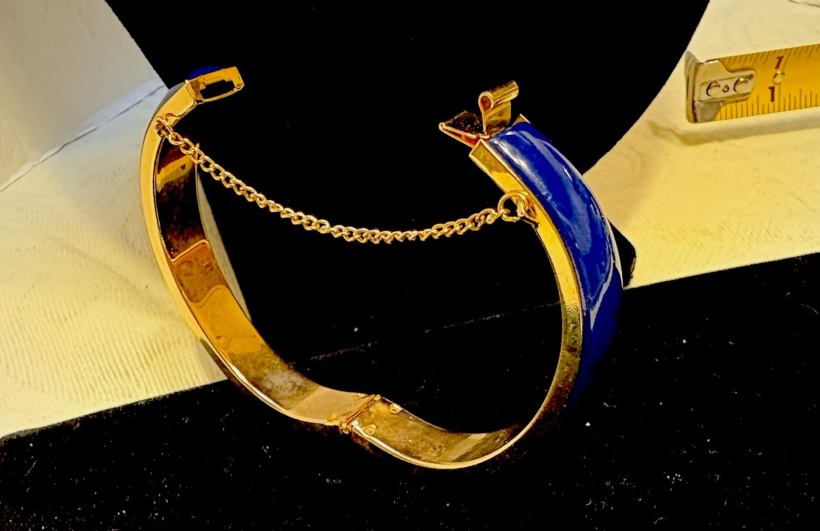 Vintage Napier Hinged Cuff Bracelet With Safety Chain Blue Gold Tone Not Signed