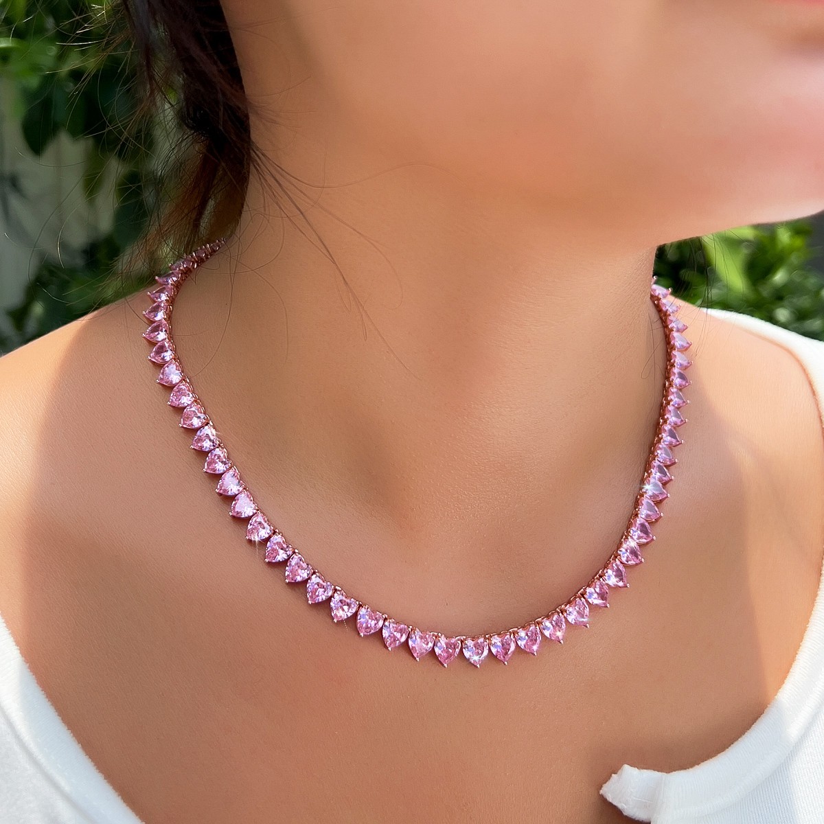 Romantic 585 Rose Gold Pink CZ Love Heart Tennis Choker Necklace for Women Party