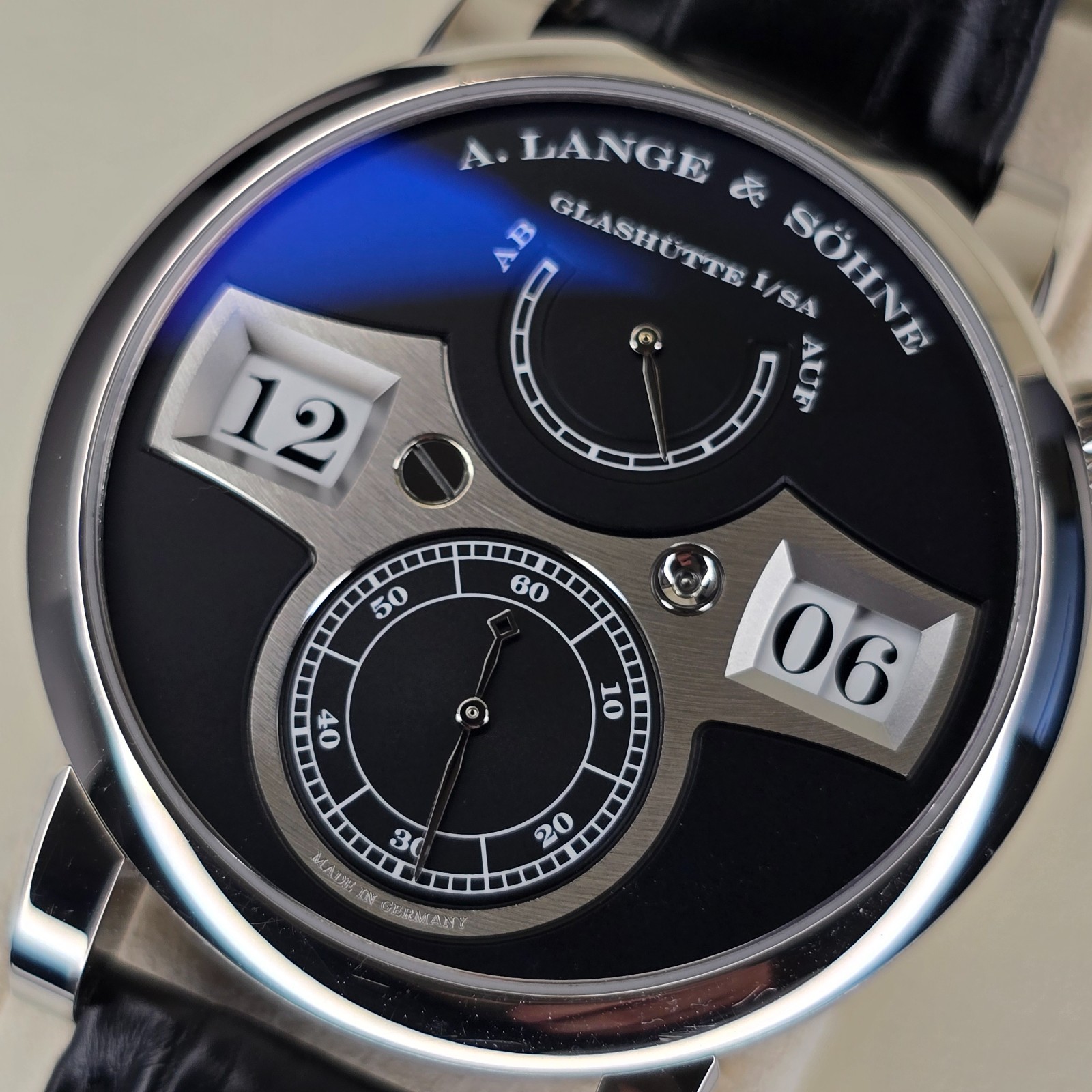 A. LANGE & SOHNE ZEITWERK 140.029 41.9MM 18K WHITE GOLD BLACK DIAL B&P