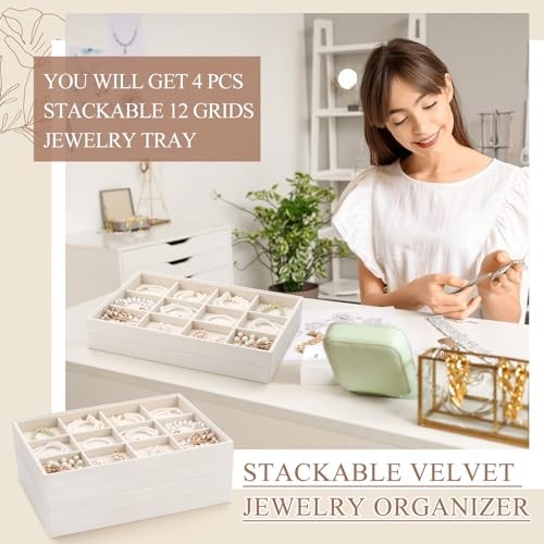 Cinnvoice 4 Pcs Stackable Jewelry Organizer Tray, 12 Grids Velvet Beige