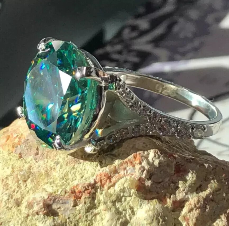 RARE 3 Ct Blue Green Treated Diamond Round Cut Solitaire Ring 925 Silver Women’s