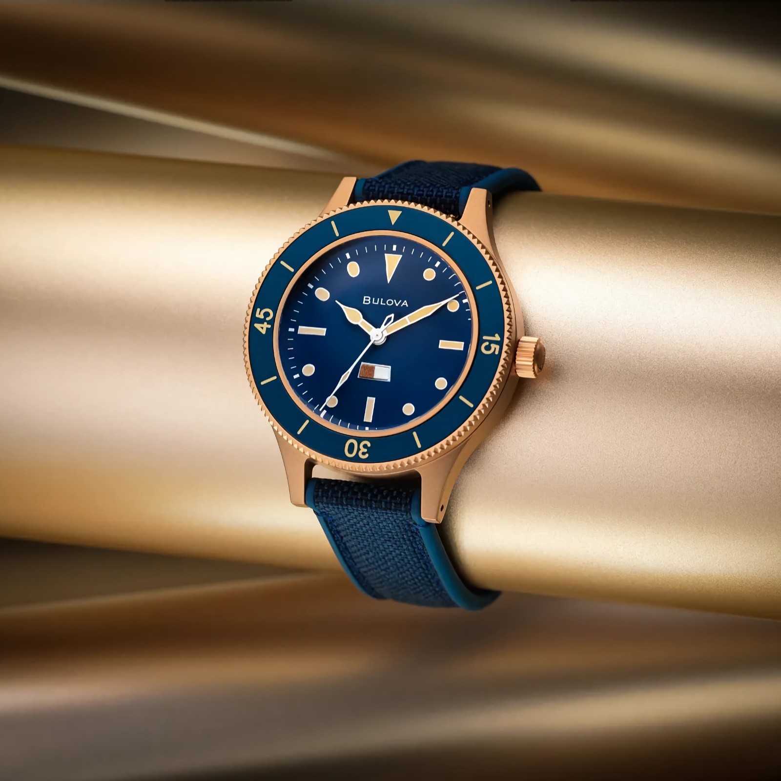 Bulova MIL-SHIPS 98A325 Automatic Blue Dial Bronze Case CORDURA Strap Men Watch