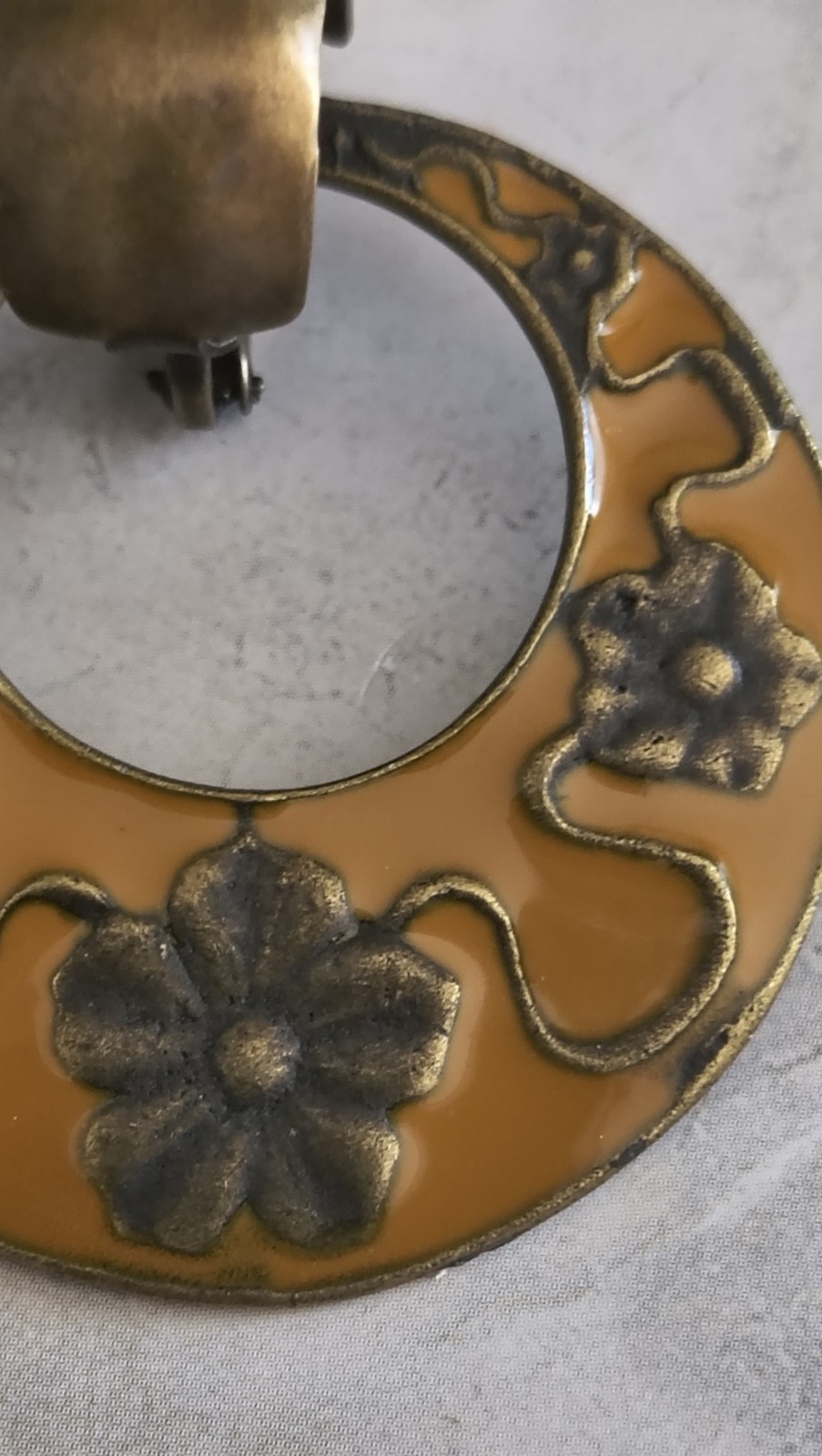 Mustard Yellow Enamel Brass Big Closed Hoop Clip Vintage Boho Floral Earrings