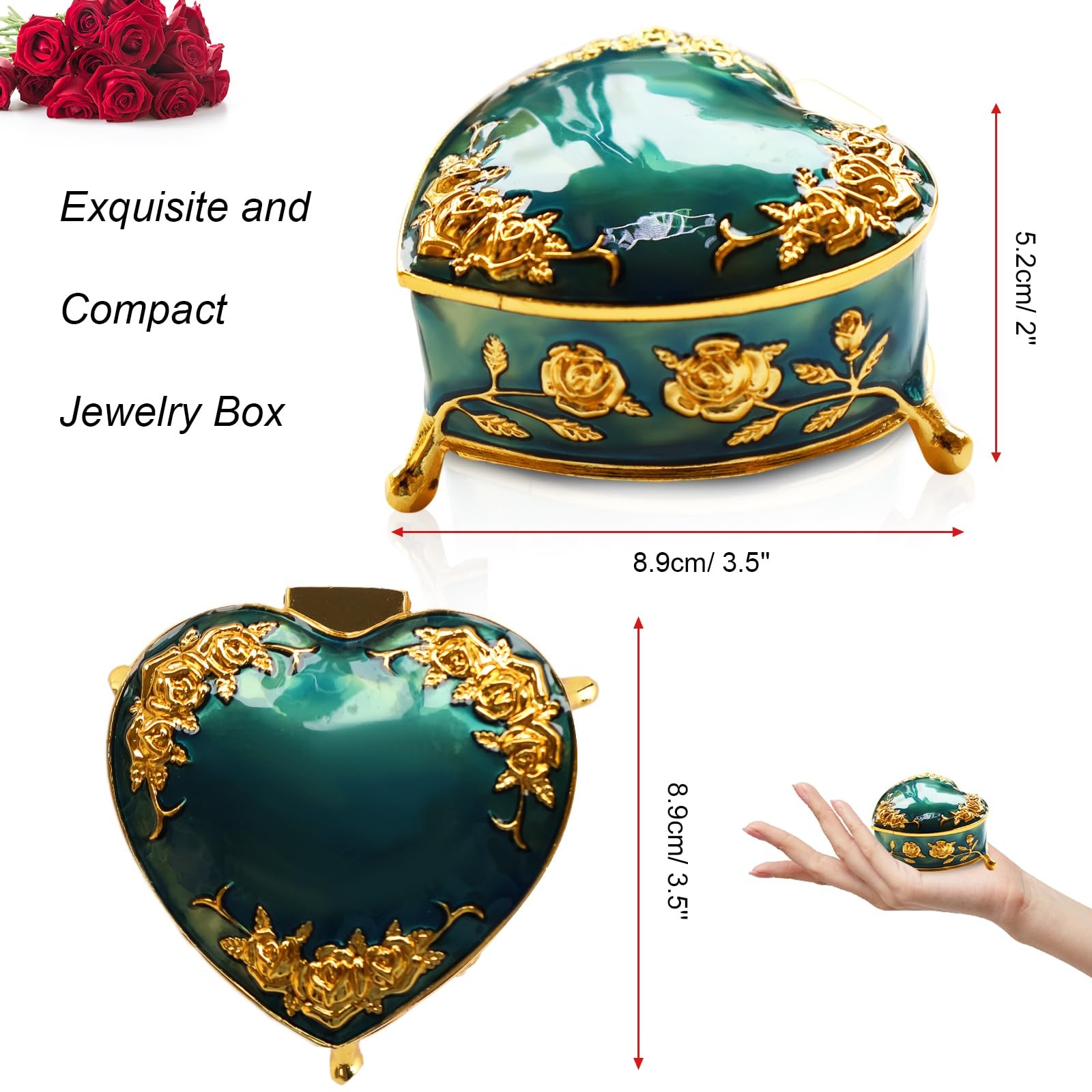 Vintage Jewelry ,Metal Small Emerald Green Heart Shaped Trinket ,Portable Min…