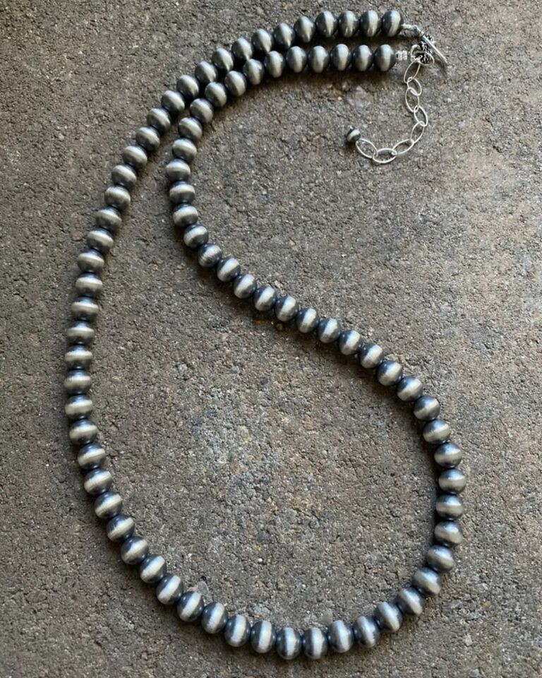 7mm 36 Inch 925 Sterling Silver Oxidized Pearls Bead Necklace Southwestern