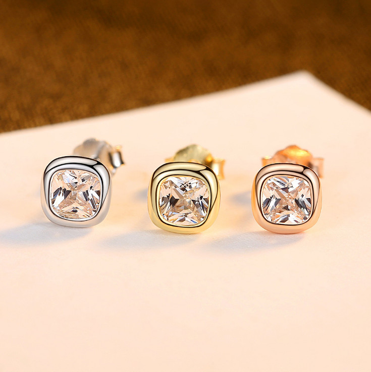 Solid 925 Sterling Silver Square Bezel Cz Solitaire Stud Earrings 5mm Box PE44