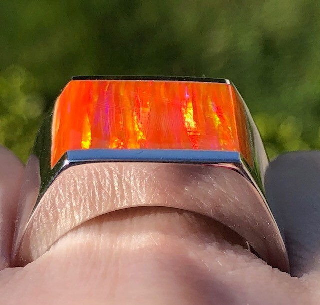 Orange Fire Opal Square Ultra Vivid FLASHES Heavy Sterling Men’s ring 14 VIDEO