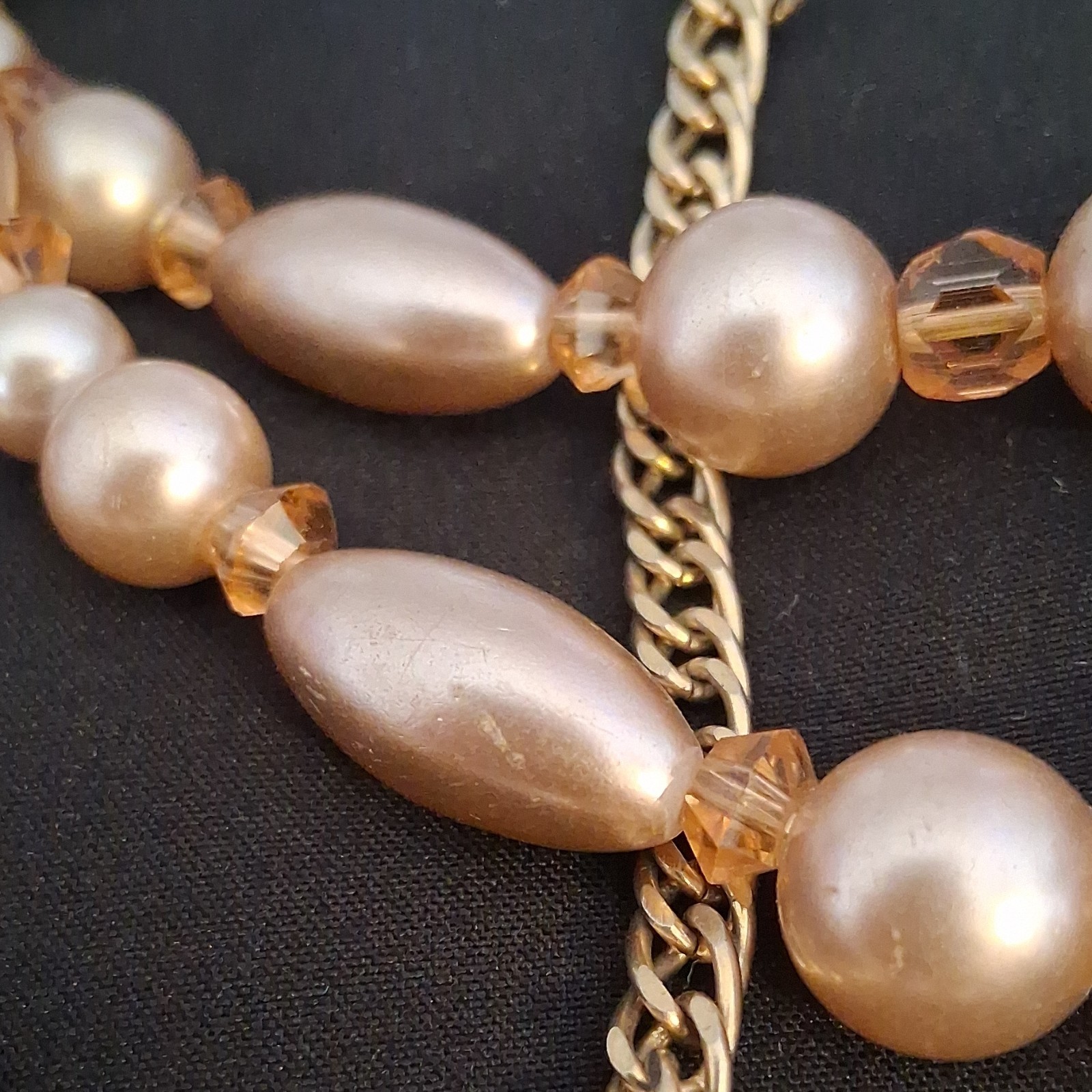 Multi-Strand Beaded Necklace Champagne Imitation Pearl Crystal Gold Curb Chain
