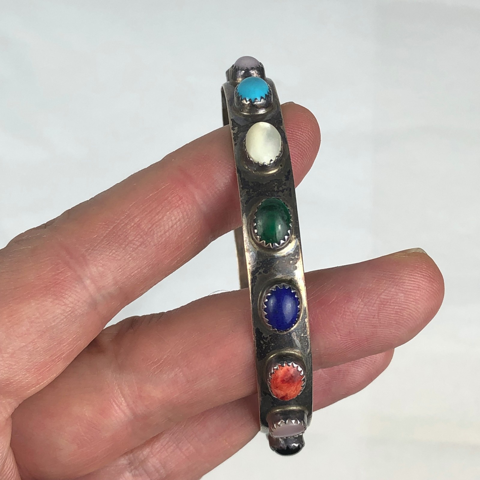 Sterling Silver Bangle bracelet inlaid semi precious stones coral lapis other