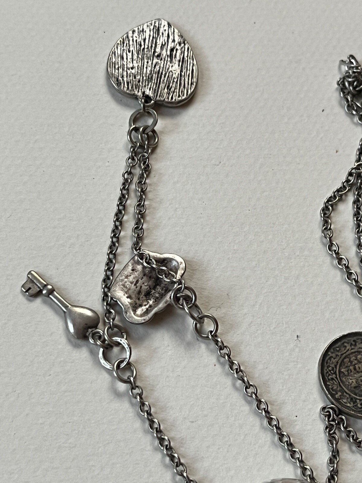 American Eagle Double Strand Silvertone Chain w Victorian Style Heart Crown Padl
