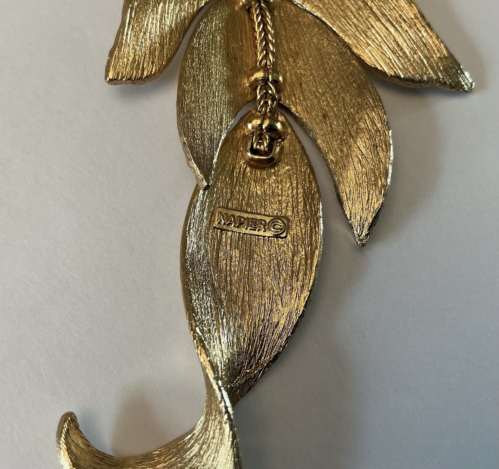Vintage Napier Gold-Plated Articulated Fish on Hook Pendant Necklace