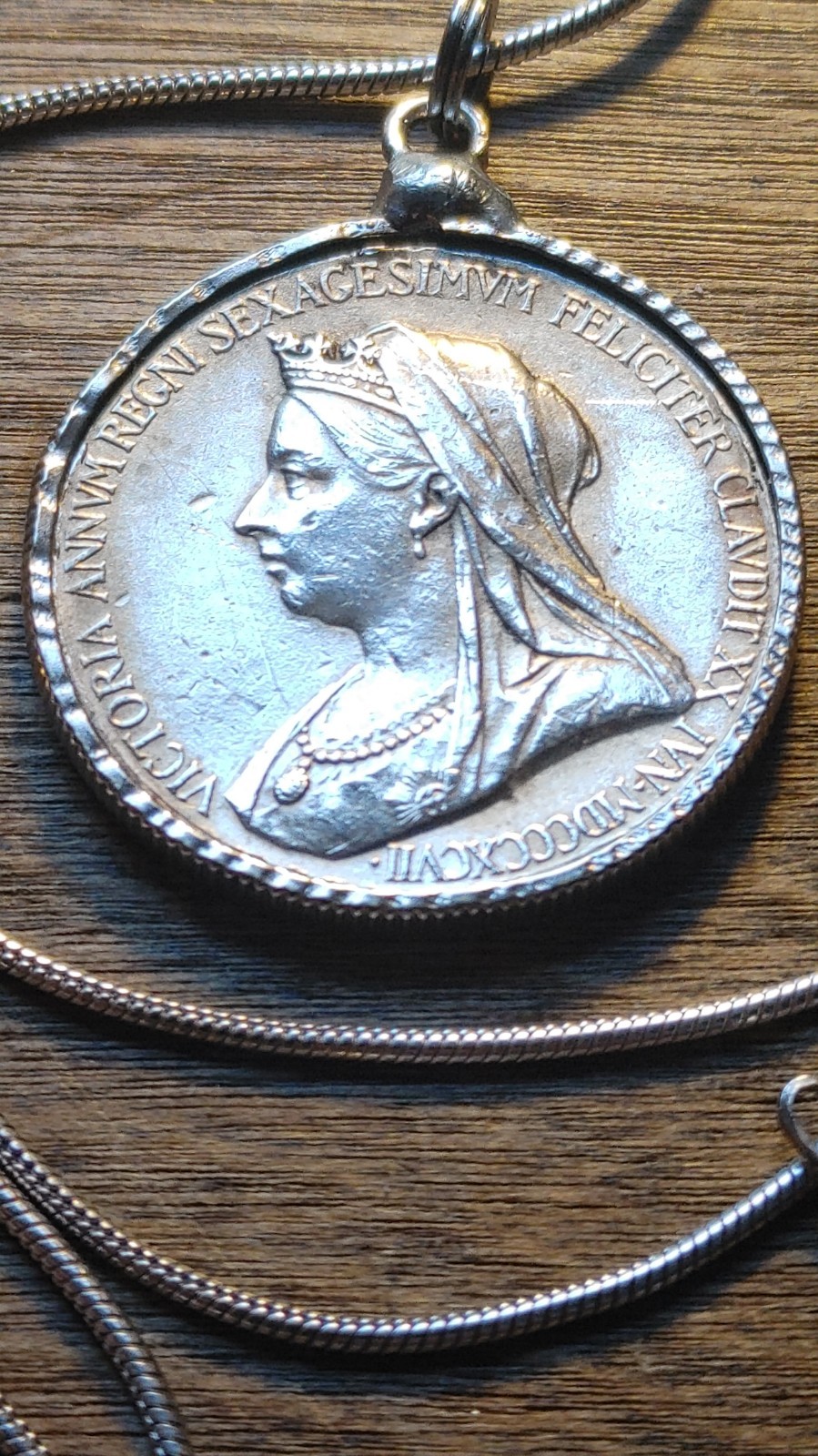1837-1887 Queen Victoria English Silver Jubilee Pendant 28″ Sterling Snake Chain