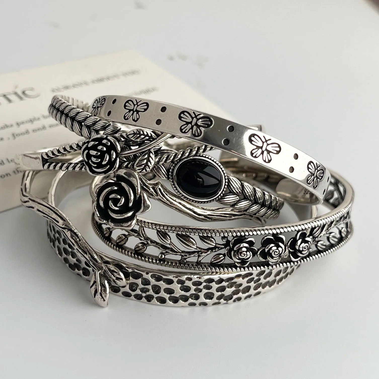 Women Cuff Bangle Vintage Flower Retro Rose Set Sterling Silver Jewelle Bracelet