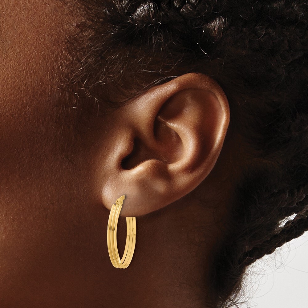 10K Yellow Gold Polished and Grooved Oval Shape Hoop Earrings L-23.4mm,W-15.83mm