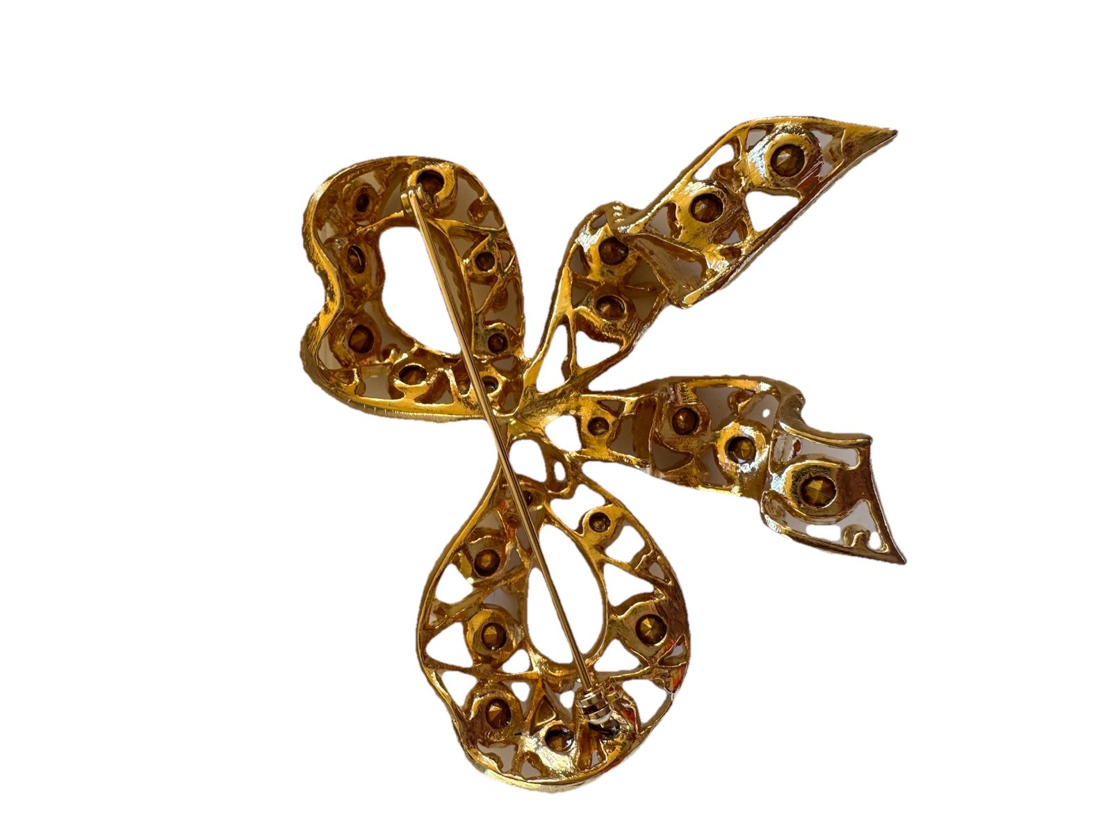 Vintage Gold Tone Ribbon Brooch with Pavé Set Crystal Rhinestones Free Shipping