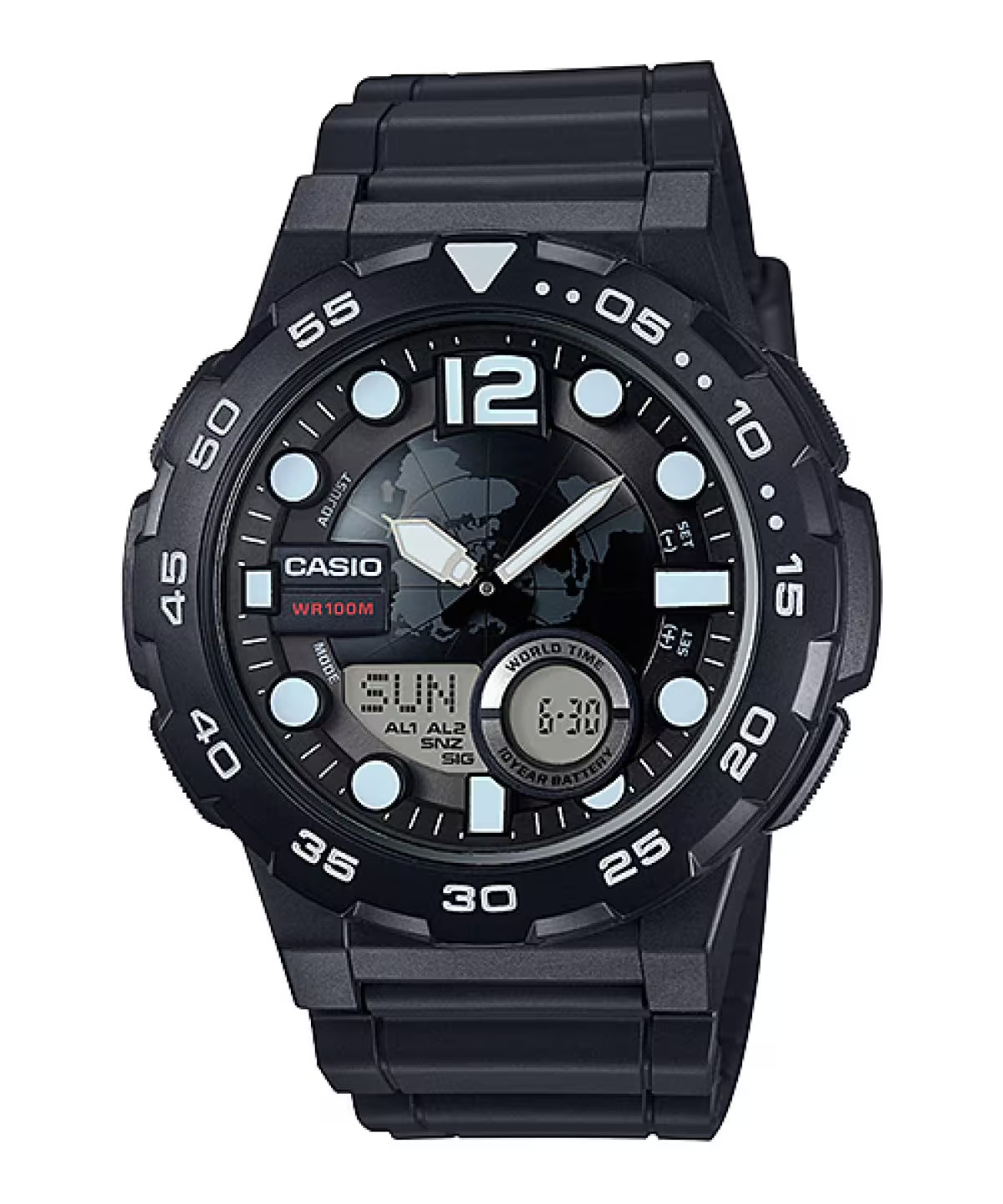Casio AEQ-100W-1BV Mens Black 100M World Time Digital/ Analog Sports Watch New