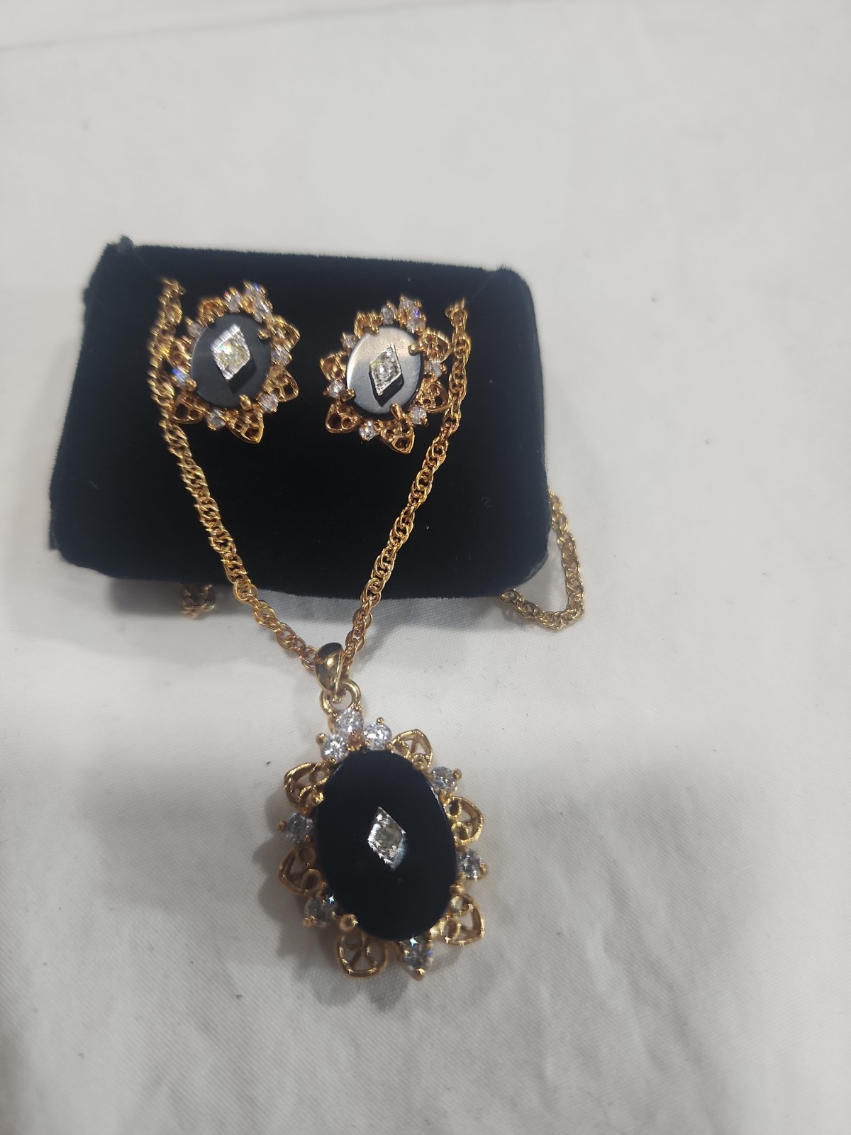 Gold and Onyx Diamond Necklace W/ matching Earrings
