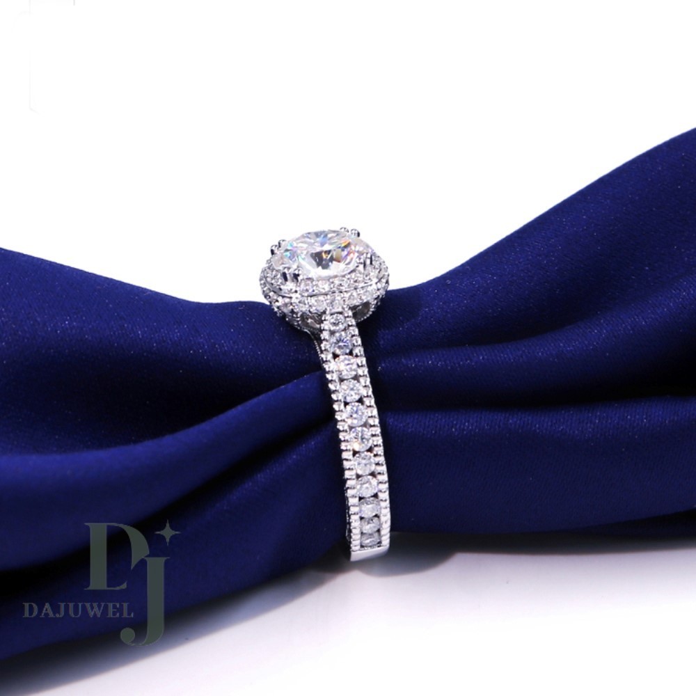 Moissanite Halo Engagement Ring Excellent Round Cut 2.70 CT Solid 14K White Gold