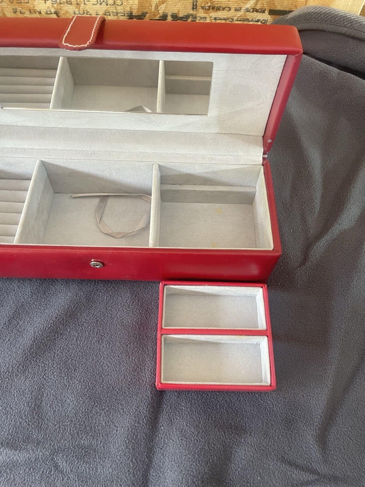 Red Faux Leather Jewelry Box 11″ 3 Piece Fabric Lined Travel Multi Compartment