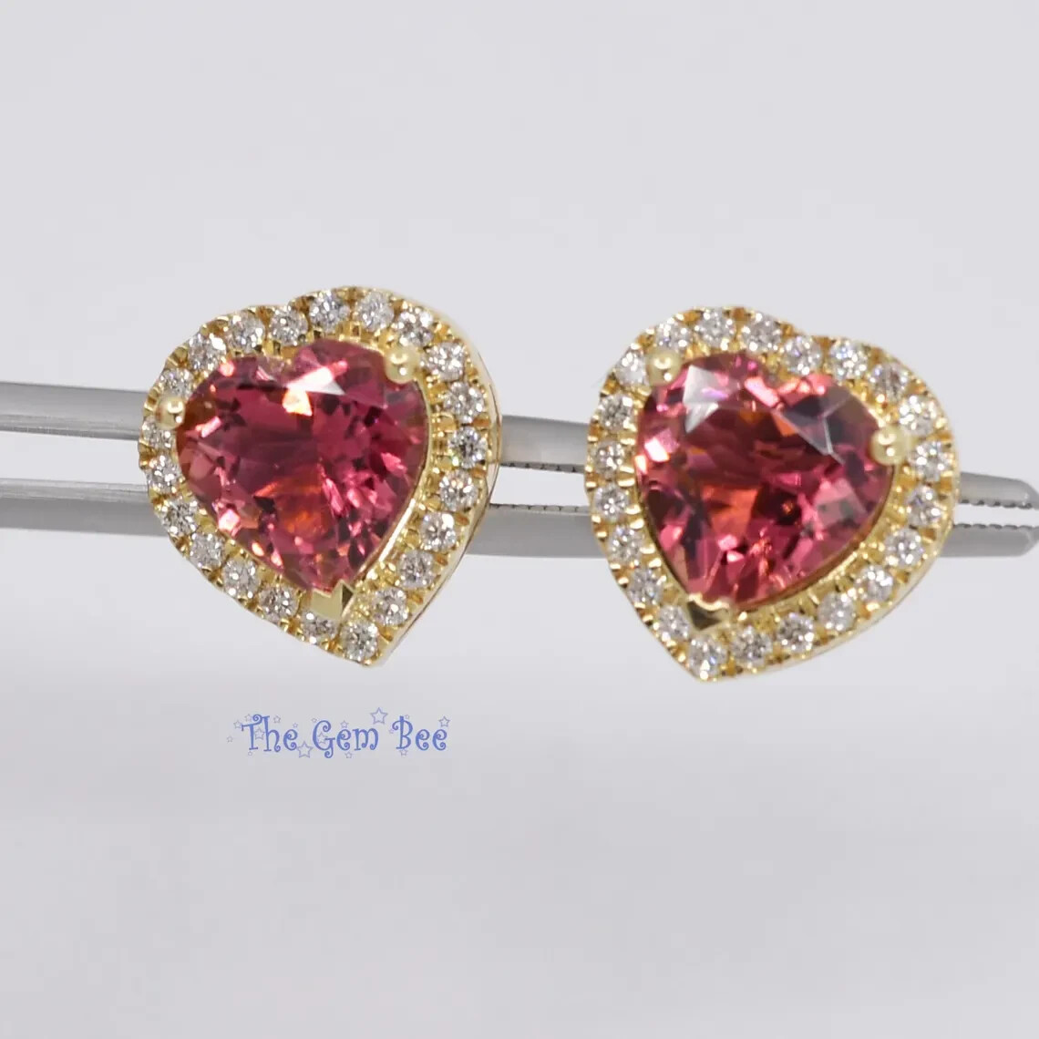 11.6mm 14k Yellow Gold 3.22CT Pink Tourmaline Heart Diamond Halo Ear Stud Post