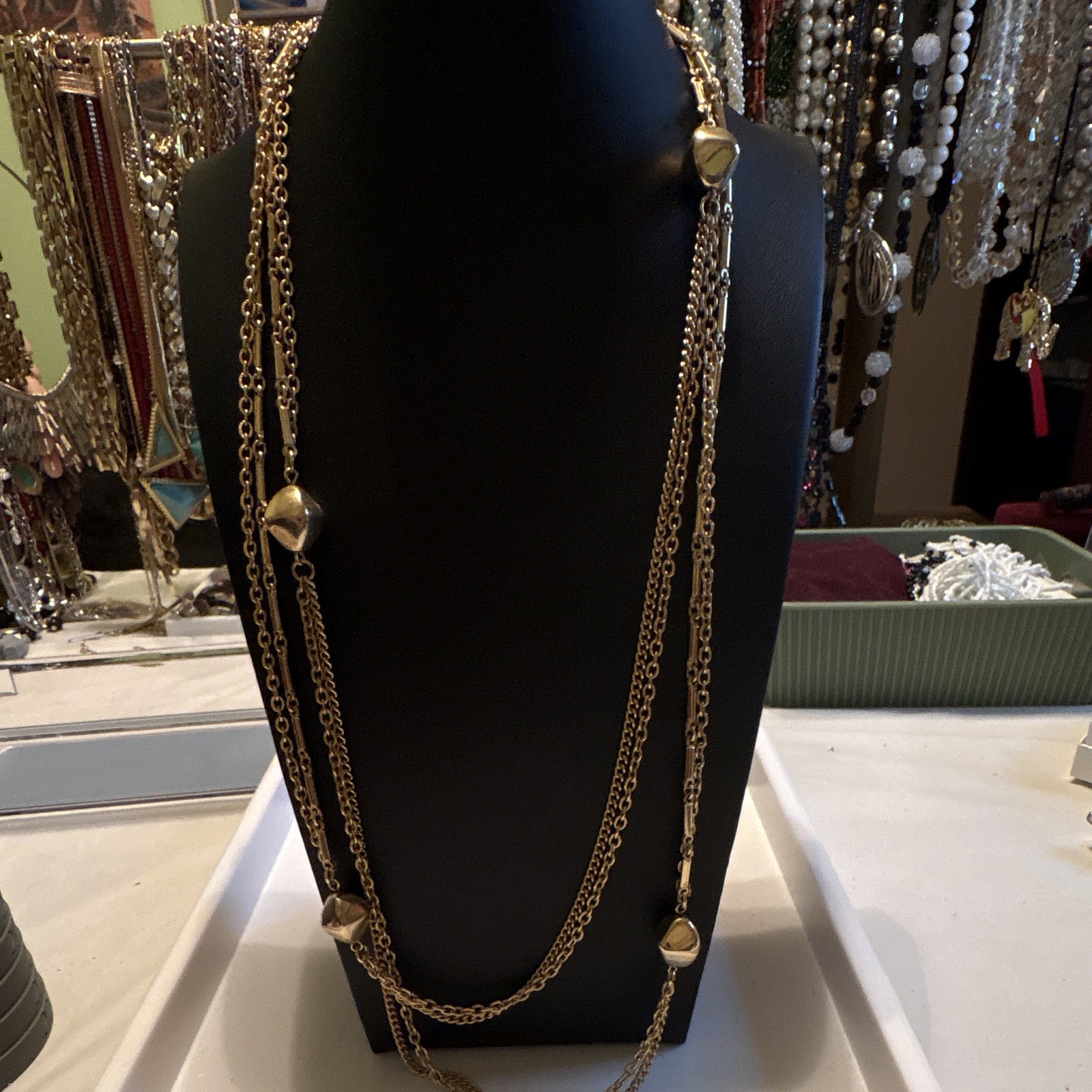 Gold Tone Metal Station Cable Chain Necklace Multi-Strand With Bead Accents
