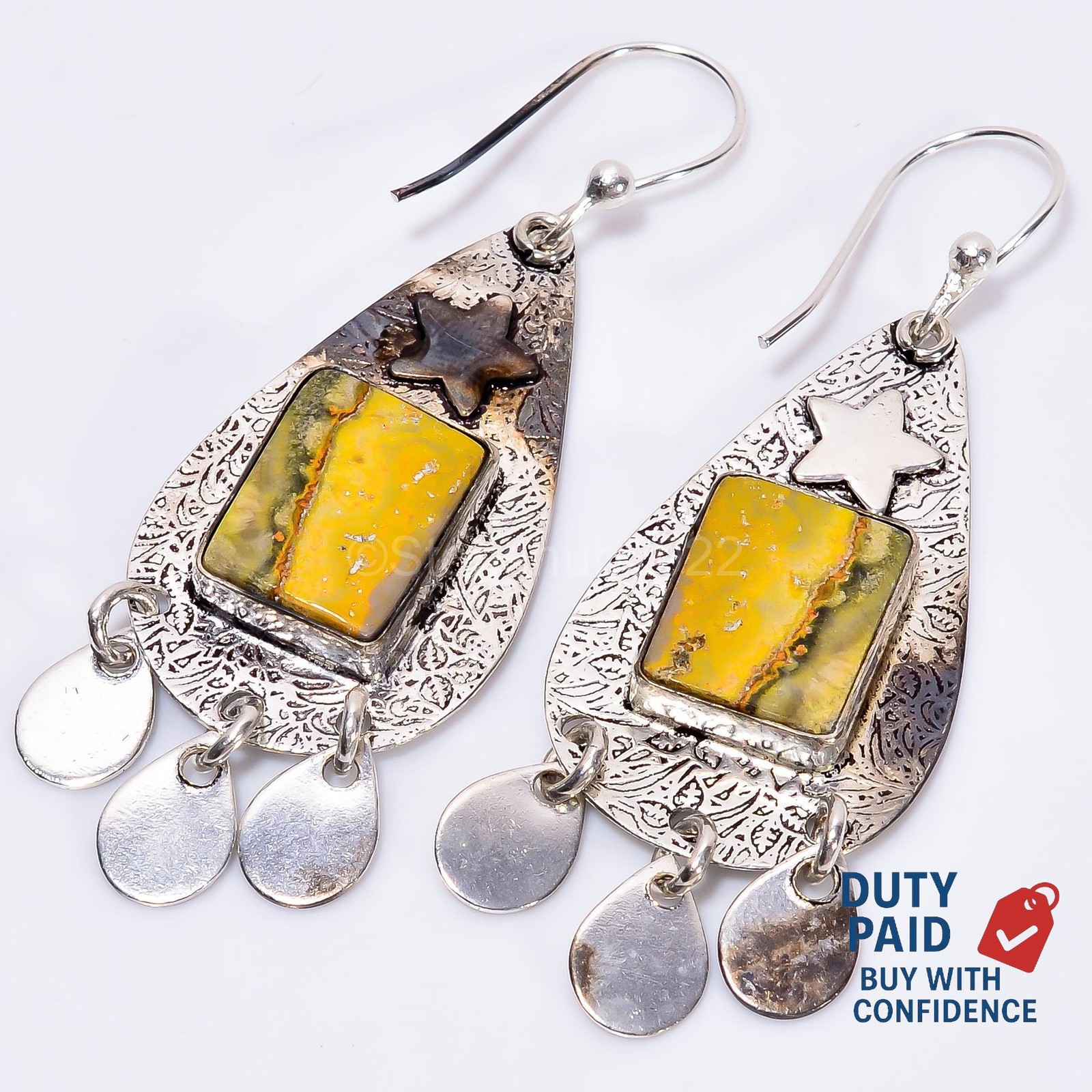 Genuine Bumble Bee Jasper 925 Sterling Silver Hook Mother Drop Earrings Jewelry