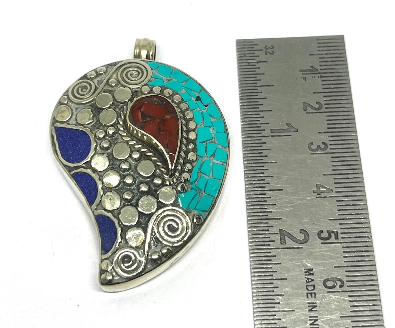 Handmade Turquoise Lapis Gemstone Tibetan Style Boho Pendant Jewelry, 2.2 inc