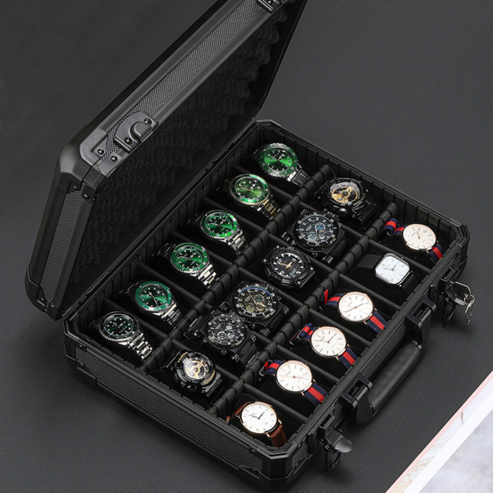Watch Boxes 18 or 24 Slots Black Aluminum Briefcase with Lock for Mens Watches