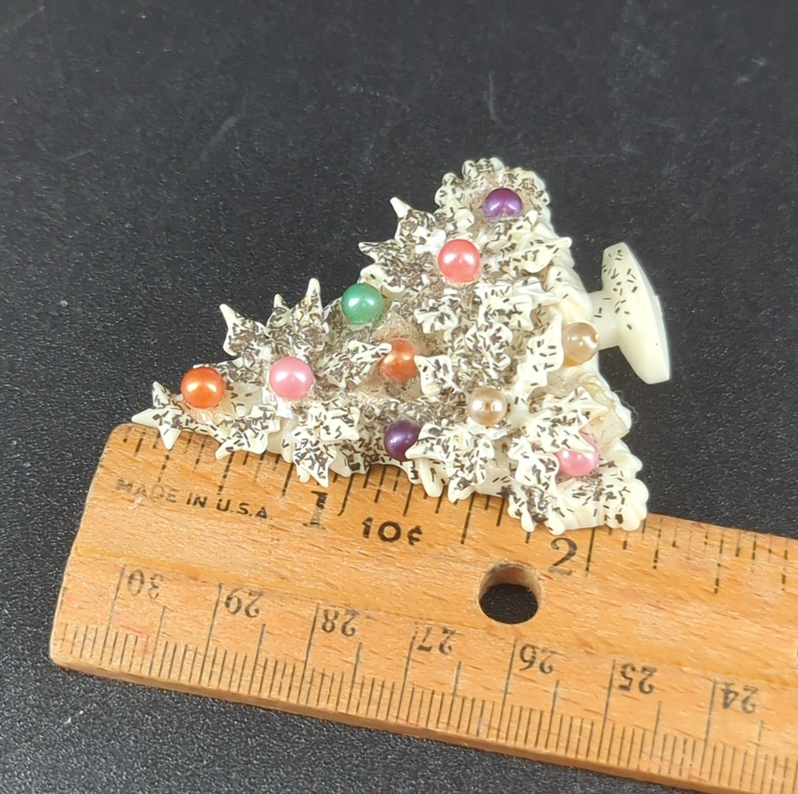 Vintage White Plastic Christmas Tree Pin Mica pink green MCM multi Ornaments