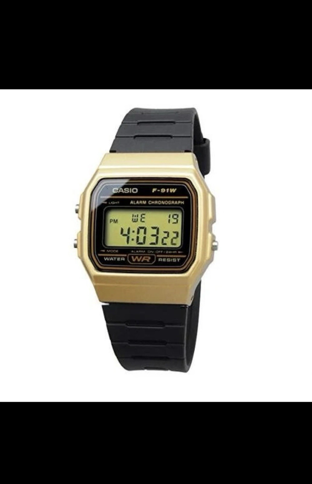Casio F-91W Quartz Digital Water Resistant Gold Case Black Resin Strap 33mm