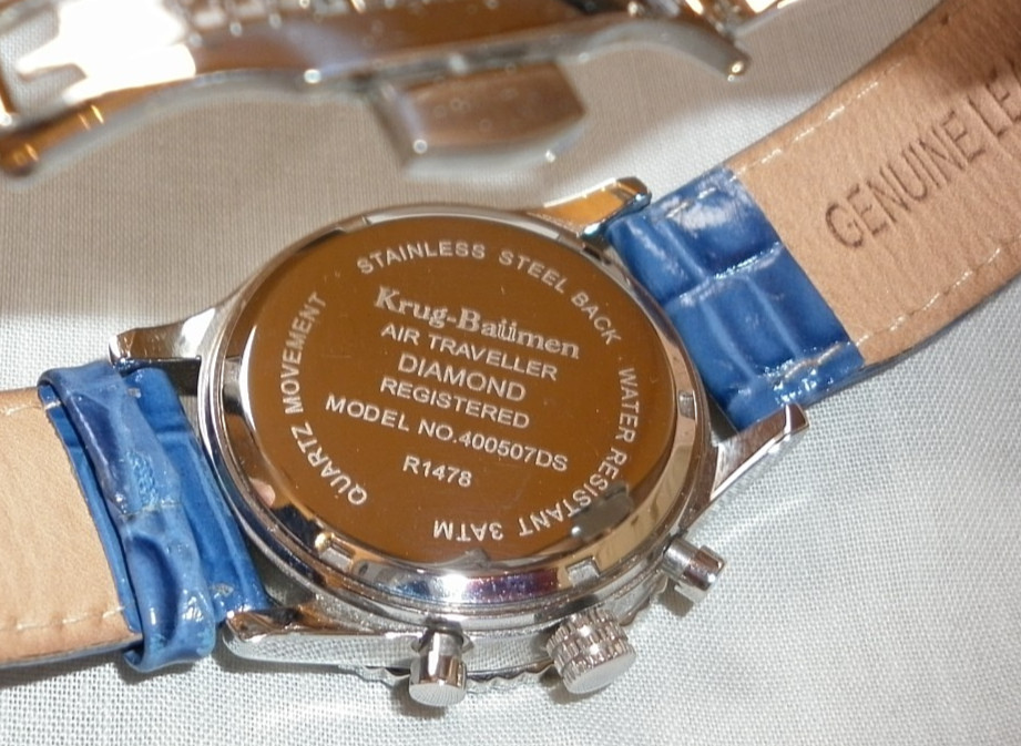 Krug Baumen Mens Air Traveller Diamond Silver – Blue Leather Watch with box