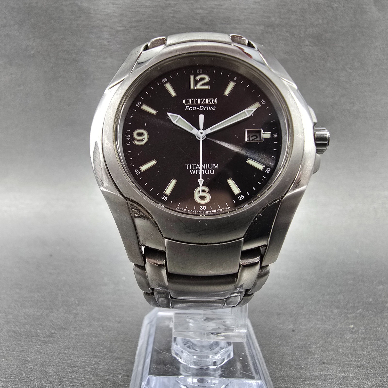 Citizen Eco-Drive Watch Men 41mm Black Dial Titanium Date E111-K006368 Runs