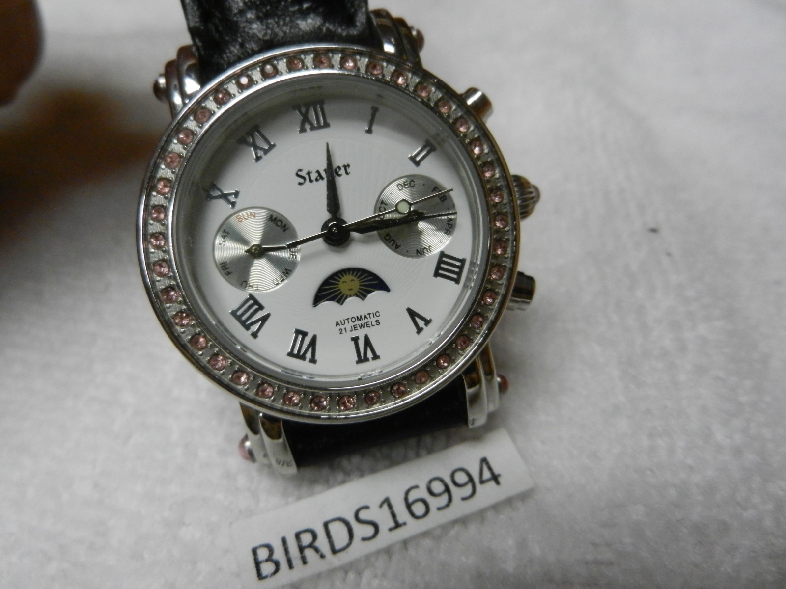 WOMANS STAUER SUN MOON PHASE AUTOMATIC WATCH 21 JEWELS PINK CRYSTALS DAY DATE