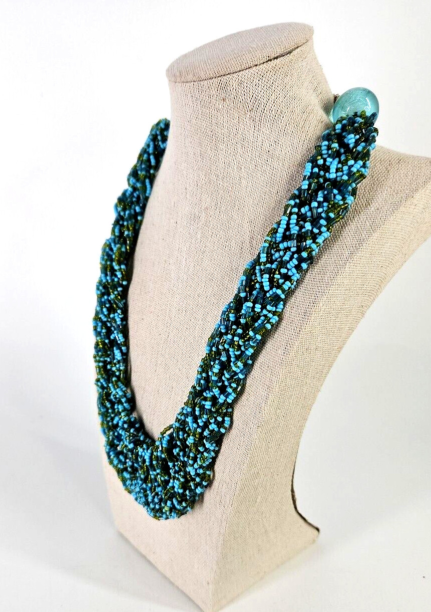 Vintage Woven Sparkly Blue Green Gold Seed Beaded Fashion Necklace 18 inch