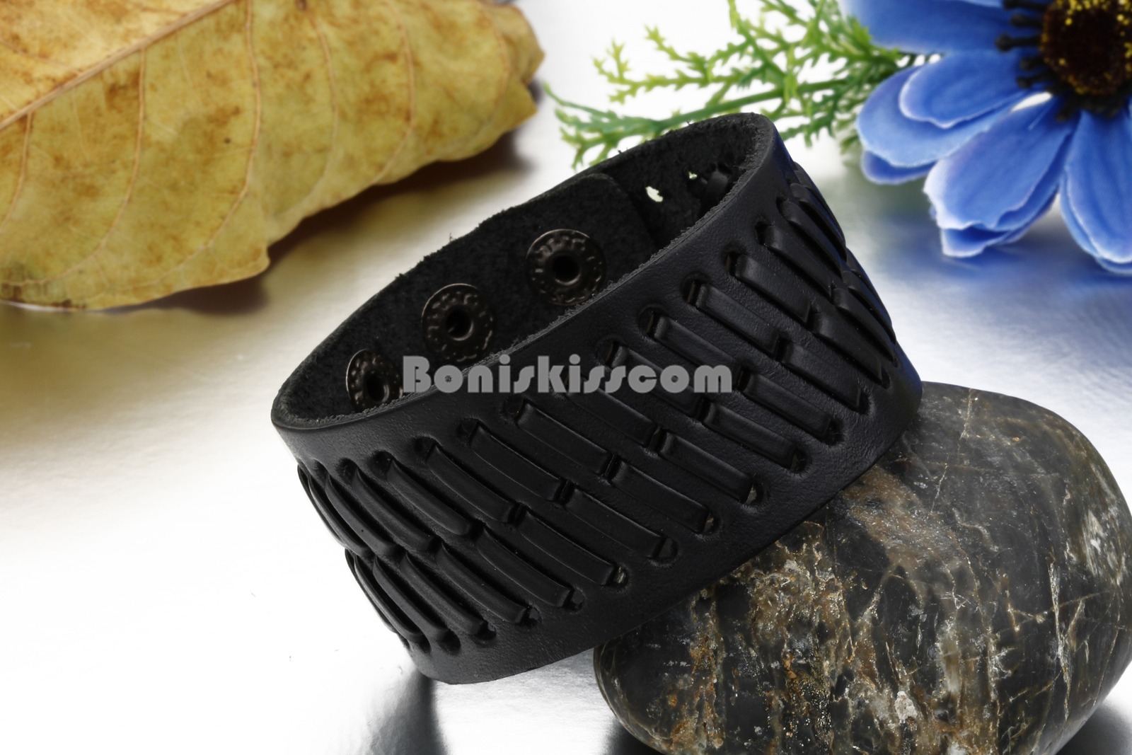Super Wide Black Leather Men‘s Boys Adjustable Cuff Strap Wristband Bracelet