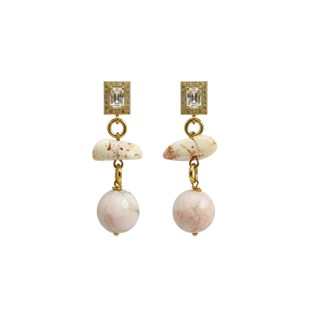 Pink Coral, Quartz and Crystal Pendant Earrings