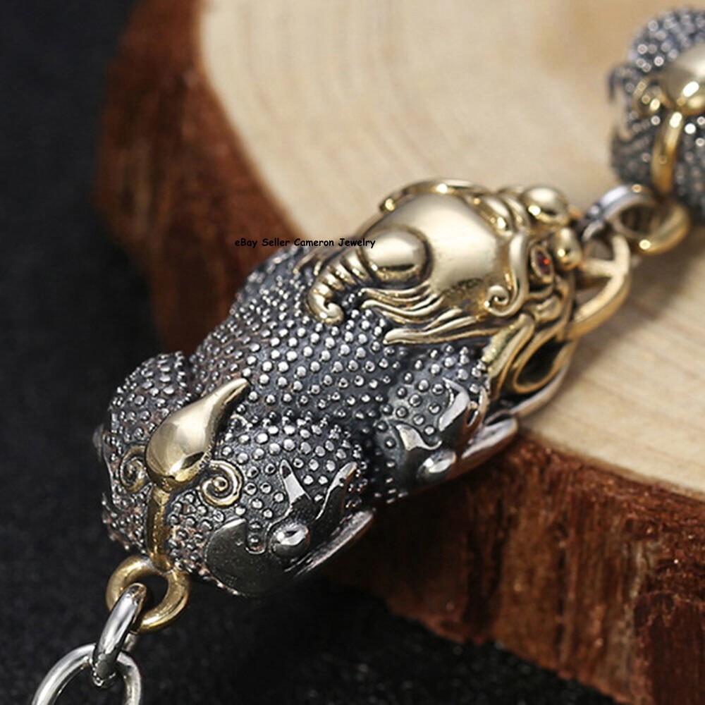 Solid 925 Sterling Silver Chain Men 15mm Two Tone Pixiu Link Bracelet 7.9+1.2″L